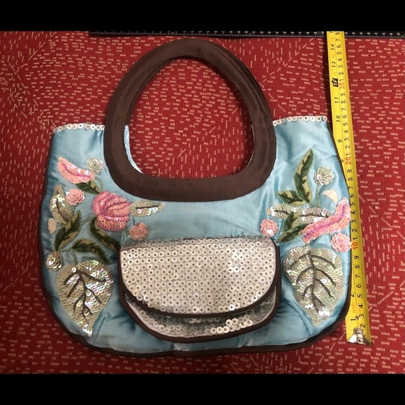 Tina & Frankie light blue satin bag with embroidery & bling outside pocket - Picture 5 of 8